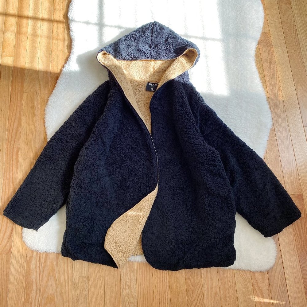 Hooded Reversible Soft Sherpa Teddy Bear Sweater Coat, Black / Brown, Size 2X